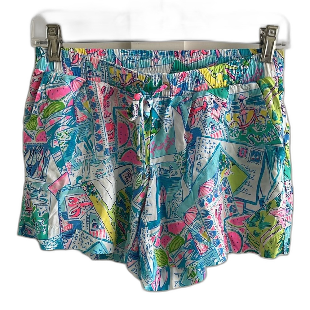 EUC Lilly Pulitzer Katia Shorts pull up Pop Up Wish You Were Here XS
